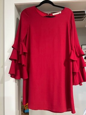 ANDREE BY UNIT Red Tiered-Ruffle Long-Sleeve Shift Dress
